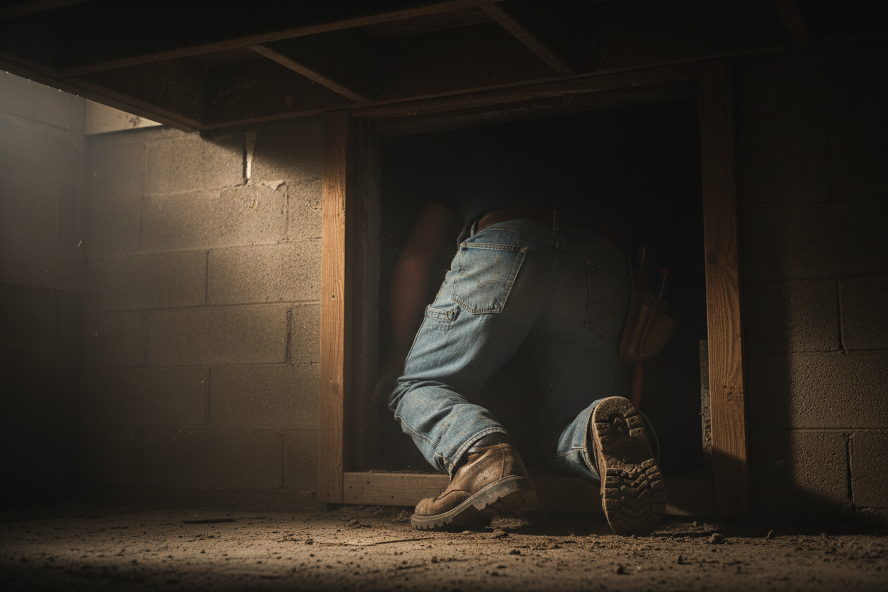 Contractor crawling into a residential crawlspace for an inspection